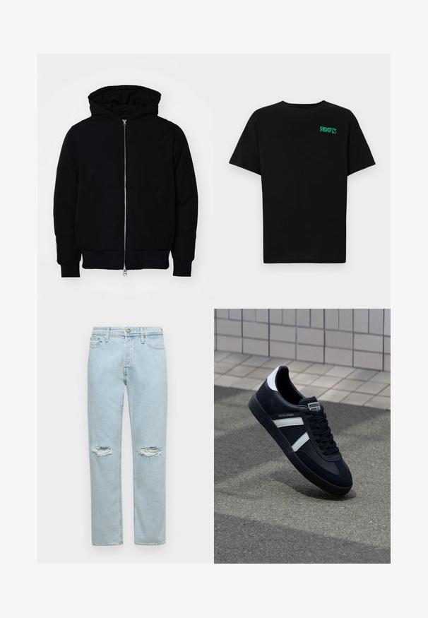 Mustaga kapuutsiga jakk, millel on esineed, kenguru tasku, soonikkoes, ja alläär, esitatud lihtsal valgel taustal.; Must t-särk, mis on valmistatud puuvillast, lühikeste varrukatega. Esipaneelil on roheline "ROOTS" logo, ümmargune kaelus ja tavapärane lõige.; Heledad helesin džinsid helesin sinise tooniga, sirge lõikega, kahe kulunud põlveplaastriga ja tavalise viie tasku disainiga, nööbi sulgemisega.; Must have musta sneaker musta valgete triipudega, tekstuurne kummitald ja nööridega esiosa. Omab bränditud märki keele peal.