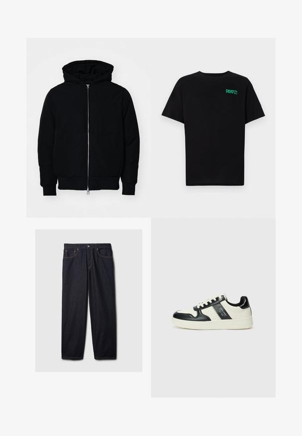 Crna kapuška jakna s prednjim zatvaračem, kenguru džepom, rebrastim manžetama i rubom, prikazana na običnoj bijeloj pozadini.; Crna majica kratkih rukava od pamuka. Na prednjem dijelu se nalazi zeleni "ROOTS" logo, okrugli izrez i standardni kroj.; Tamno plave traperice ravnog kroja, s kopčanjem na dugme i patentni zatvarač, dva prednja džepa i kontrastnim narančastim šavovima.; Kožne tenisice s crno-bijelom paletom boja, koje imaju perforirane akcentne detalje, podstavljeni ovratnik i teksturiranu potplat.