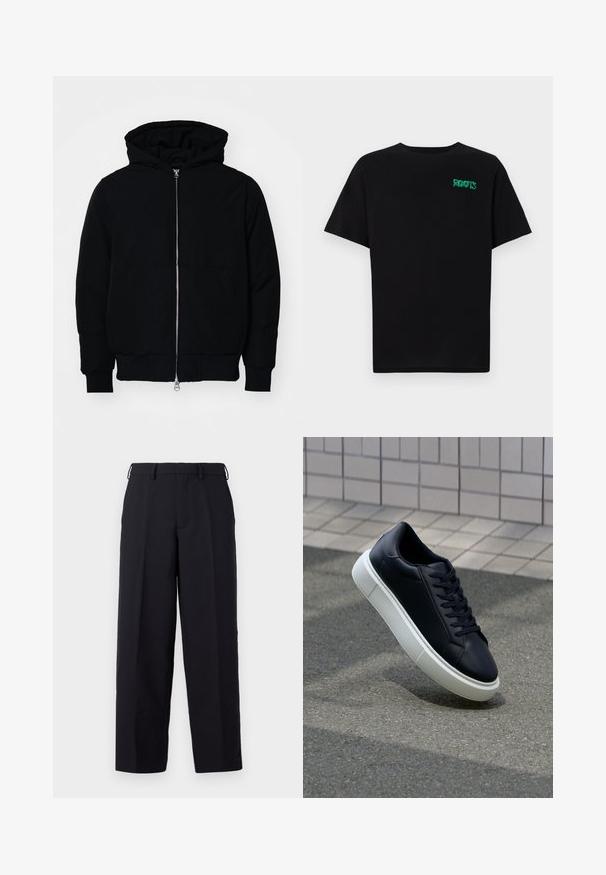 Czarna kurtka z kapturem, z suwakiem z przodu, kieszenią kangurką, ściągaczami przy mankietach i dolnym brzegu, prezentowana na jednolitym białym tle.; Czarna koszulka z bawełny z krótkim rękawem. Posiada zielone logo "ROOTS" z przodu, okrągły dekolt i standardowy krój.; Abercrombie & Fitch - Spodnie materiałowe; Czarne skórzane sneakersy z okrągłym noskiem i białą gumową podeszwą. Posiadają płaskie sznurowadła i minimalne przeszycia na cholewce. Teksturowana podeszwa zapewnia przyczepność.