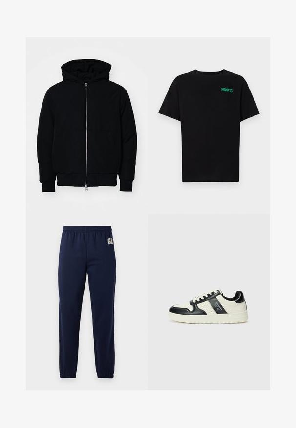 Juodas gobtuvėlis su priekiniu užtrauktuku, kengūros tipo kišene, lygiais rankogaliais ir apvadu, pateiktas ant vientiso balto fono.; Juodas medvilninis marškinėliai trumpomis rankovėmis. Priekyje yra žalias „ROOTS“ logotipas, apvalus iškirpimas ir standartinė prigludimo forma.; Tamsiai mėlynos spalvos elastinės kelnės su elastinga juosmena ir elastingais manžetais, viršutiniame kairiajame kampe yra mažas baltas logotipas.; Odiniai sportbačiai juodos ir kreminės spalvų schemoje, su perforuotais akcentais, paminkštinta apykakle ir tekstūruotu padu.