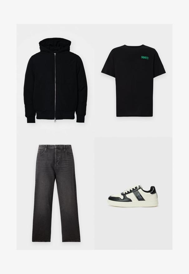 Mustaga kapuutsiga jakk, millel on esineed, kenguru tasku, soonikkoes, ja alläär, esitatud lihtsal valgel taustal.; Must t-särk, mis on valmistatud puuvillast, lühikeste varrukatega. Esipaneelil on roheline "ROOTS" logo, ümmargune kaelus ja tavapärane lõige.; Mustad denim teksad sirge sääre lõikega, millel on viis taskut ja nähtavad õmbluse detailid. Kerge kangas ja sile tekstuur.; Nahatud nahkkingad musta ja kreemi värviskeemiga, millel on perforeeritud aktsendid, pehme krae ja tekstureeritud tallad.