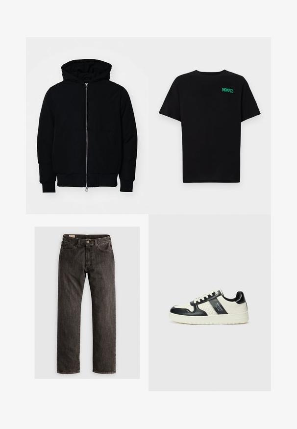 Crna kapuška jakna s prednjim zatvaračem, kenguru džepom, rebrastim manžetama i rubom, prikazana na običnoj bijeloj pozadini.; Crna majica kratkih rukava od pamuka. Na prednjem dijelu se nalazi zeleni "ROOTS" logo, okrugli izrez i standardni kroj.; Crne traperice ravnog kroja s gumbom i zatvaračem, prednjim i stražnjim džepovima te petljama za remen.; Kožne tenisice s crno-bijelom paletom boja, koje imaju perforirane akcentne detalje, podstavljeni ovratnik i teksturiranu potplat.
