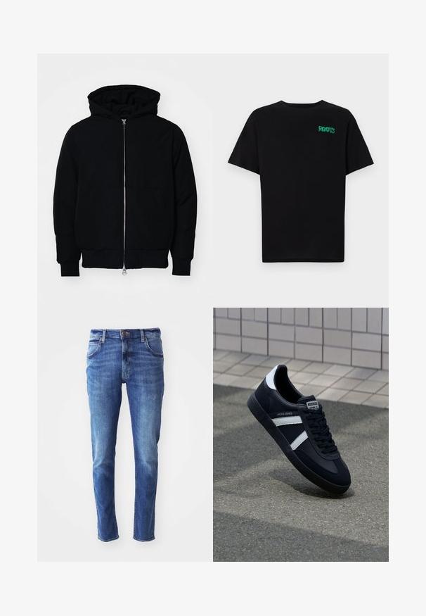 Jachetă neagră cu glugă, cu fermoar în față, buzunar tip kangaroo, mansete și tiv ribbed, prezentată pe un fundal alb simplu.; Tricou negru din bumbac, cu mâneci scurte. Prezintă un logo verde "ROOTS" pe față, guler rotund și o potrivire standard.; Jeans din denim albastru cu croi slim, design cu cinci buzunare și ușoare decolorări. Prezintă un nasture și un fermoar cu marcă.; Sneaker din piele neagră cu dungi albe, talpă din cauciuc texturat și șireturi. Prezintă un eticheta de marcă pe limbă.