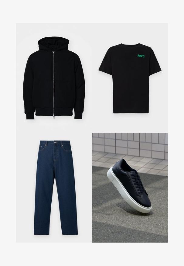 Black hooded jacket with front zipper, kangaroo pocket, ribbed cuffs, and hem, displayed on a plain white background.; Black t-shirt made of cotton with short sleeves. Features a green "ROOTS" logo on the front, round neckline, and standard fit.; Dark blue denim jeans with a straight cut, five pockets, and a button closure. Features contrasting stitching and a classic waistband.; Black leather sneaker with rounded toe and white rubber sole. Features flat laces and minimal stitching on the upper. Textured sole for grip.