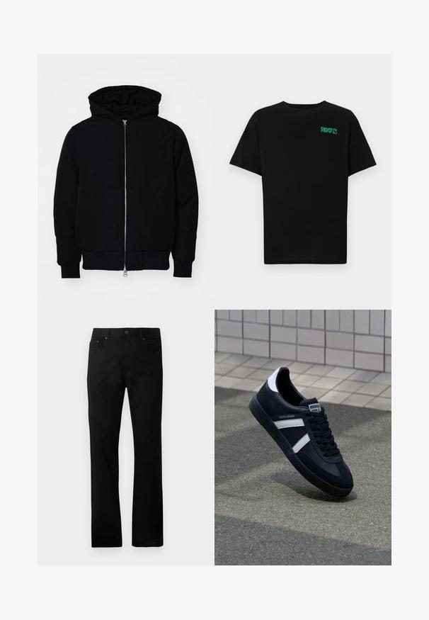 Crna kapuška jakna s prednjim zatvaračem, kenguru džepom, rebrastim manžetama i rubom, prikazana na običnoj bijeloj pozadini.; Crna majica kratkih rukava od pamuka. Na prednjem dijelu se nalazi zeleni "ROOTS" logo, okrugli izrez i standardni kroj.; Crne ravne traperice izrađene od denima, s prednjim zatvaranjem na gumb, dva bočna džepa i glatkom teksturom.; Crne kožne tenisice s bijelim prugama, strukturirana gumena potplate i vezanjem sprijeda. Ima oznaku brenda na jeziku.