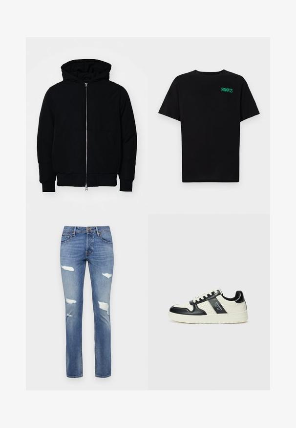 Mustat huppu-untuvatakki, jossa on vetoketju edessä, kenguru-tasku, ribatut hihansuut ja helma, esillä yksinkertaisella valkoisella taustalla.; Mustat t-paidat, jotka on valmistettu puuvillasta ja joissa on lyhyet hihat. Edessä vihreä "ROOTS"-logo, pyöreä kaula-aukko ja normaali istuvuus.; Siniset farkut, joissa on hieman haalistunut pinta, monilla kuluneilla rei'illä ja suoran lahkeen muotoilulla. Napitus vyötäröllä.; Nahkakengät musta-kerma värimaailmassa, joissa on rei'itetyt yksityiskohdat, pehmustettu nilkkaosa ja teksturoitu pohja.