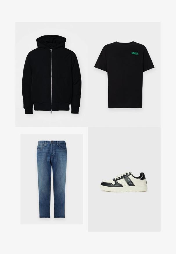Chaqueta negra con capucha, cierre frontal, bolsillo tipo canguro, y puños y dobladillo acanalados, exhibida sobre un fondo blanco liso.; Camiseta negra de algodón con mangas cortas. Presenta un logo verde "ROOTS" en el frente, escote redondo y corte estándar.; Vaqueros de mezclilla azul con corte recto, diseño de cinco bolsillos, cierre de botón, lavado desgastado y detalle de costura sutil a lo largo de las costuras.; Zapatillas de cuero con un esquema de colores negro y crema, que cuentan con acentos perforados, un collar acolchado y una suela texturizada.