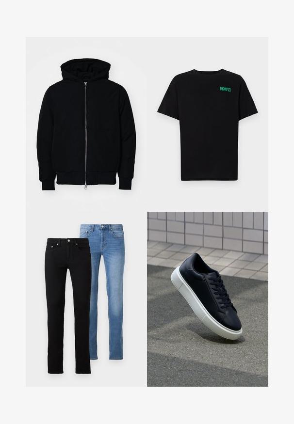 Črna kapuca jakna s sprednjim zadrgo, kenguru žepom, rebrastimi manšetami in hemom, razstavljena na enostavni beli ozadju.; Črna majica iz bombaža z kratkimi rokavi. Na sprednji strani ima zeleno logotip "ROOTS", okroglo ovratnico in standardno prileganje.; Dve pare kavbojk: ena črna, ena svetlo modra. Obe imata ozko prileganje, zasnovo s petimi žepi in kovinske dodatke na pasu.; Črne usnjene superge z zaobljenim prstom in belim gumijastim podplat. Imajo ravne vezalke in minimalno šivanje na zgornjem delu. Teksturirani podplat za oprijem.