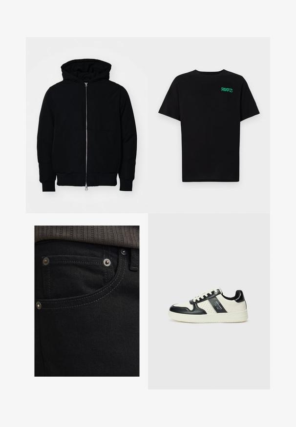 Black hooded jacket with front zipper, kangaroo pocket, ribbed cuffs, and hem, displayed on a plain white background.; Black t-shirt made of cotton with short sleeves. Features a green "ROOTS" logo on the front, round neckline, and standard fit.; Black denim jeans with a slim fit and a smooth texture. Features silver hardware, rivets, and contrast stitching near pockets.; Leather sneakers with a black and cream color scheme, featuring perforated accents, a padded collar, and a textured outsole.