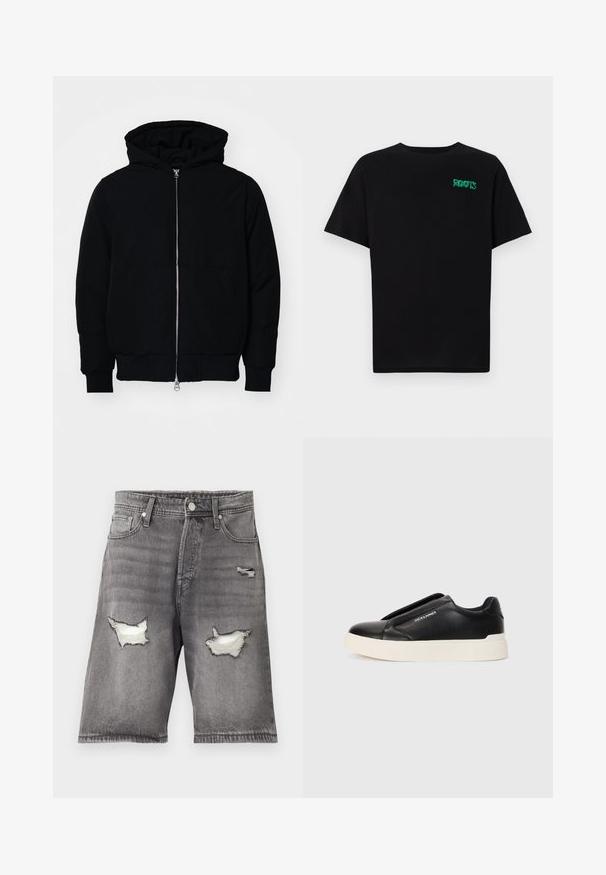 Black hooded jacket with front zipper, kangaroo pocket, ribbed cuffs, and hem, displayed on a plain white background.; Black t-shirt made of cotton with short sleeves. Features a green "ROOTS" logo on the front, round neckline, and standard fit.; Gray denim shorts with a faded finish, featuring two distressed patches and a five-pocket design. Metal button and zipper closure.; Black slip-on sneaker with textured leather upper, white rubber sole, and no visible laces. Features brand logo on the side.