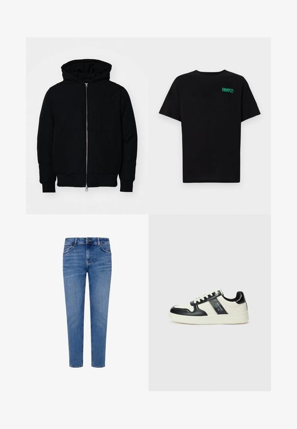 Crna kapuška jakna s prednjim zatvaračem, kenguru džepom, rebrastim manžetama i rubom, prikazana na običnoj bijeloj pozadini.; Crna majica kratkih rukava od pamuka. Na prednjem dijelu se nalazi zeleni "ROOTS" logo, okrugli izrez i standardni kroj.; Plave traperice s ravnim nogavicama, stilom s pet džepova i kopčanjem na gumb. Imaju izblijedjeli izgled i suptilne detalje šivanja.; Kožne tenisice s crno-bijelom paletom boja, koje imaju perforirane akcentne detalje, podstavljeni ovratnik i teksturiranu potplat.