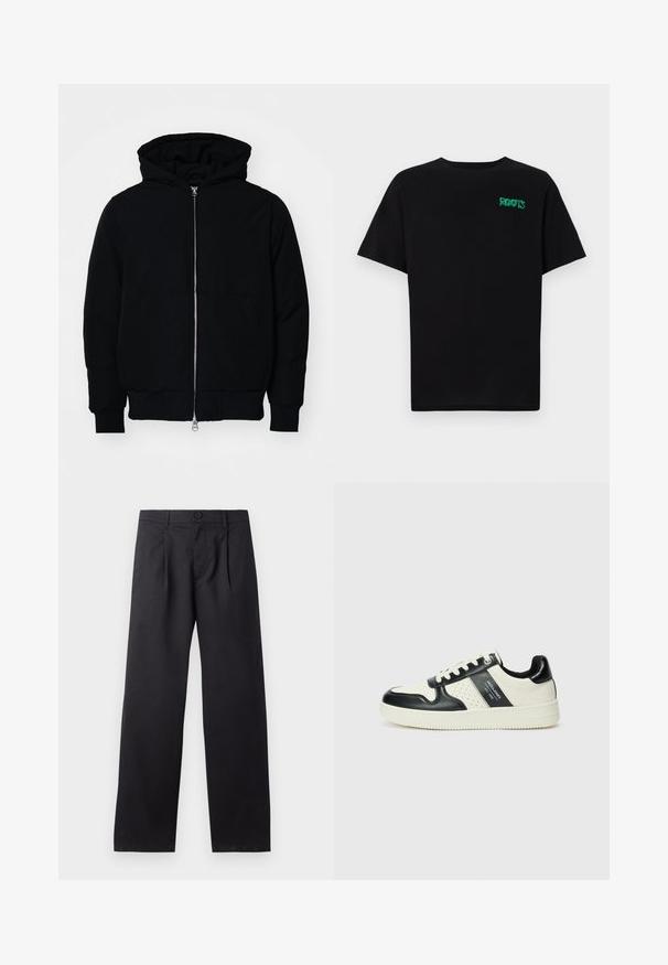 Zwarte hoodie met rits aan de voorkant, kangoeroe-pocket, geribbelde manchetten en zoom, weergegeven op een effen witte achtergrond.; Zwarte T-shirt van katoen met korte mouwen. Heeft een groen "ROOTS" logo op de voorkant, een ronde halslijn en een standaard pasvorm.; Zwarte, wijde broek gemaakt van een gladde stof. Kenmerkt zich door plooien aan de voorkant, een knoopsluiting en twee zijzakken.; Leren sneakers met een zwart en crèmekleurig kleurenschema, voorzien van geperforeerde accenten, een gevoerde kraag en een gestructureerde buitenzool.