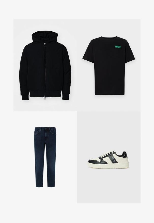 Črna kapuca jakna s sprednjim zadrgo, kenguru žepom, rebrastimi manšetami in hemom, razstavljena na enostavni beli ozadju.; Črna majica iz bombaža z kratkimi rokavi. Na sprednji strani ima zeleno logotip "ROOTS", okroglo ovratnico in standardno prileganje.; Temno modri denim kavbojki s ravnim krojem, z gumbom in zadrgo, pet žepov in rahlim bledenjem na sprednji strani.; Usnjeni športni čevlji z črno in krem barvno shemo, ki vključujejo perforirane dodatke, podložen ovratnik in strukturirano podplat.