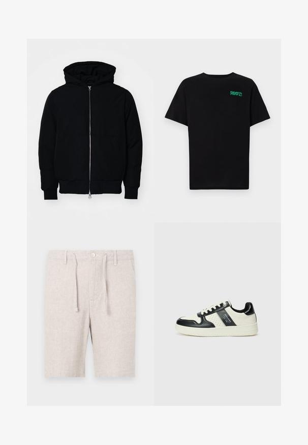 Black hooded jacket with front zipper, kangaroo pocket, ribbed cuffs, and hem, displayed on a plain white background.; Black t-shirt made of cotton with short sleeves. Features a green "ROOTS" logo on the front, round neckline, and standard fit.; Light gray shorts made of textured fabric with a herringbone pattern. Features an elastic waistband, drawstring, and front pockets.; Leather sneakers with a black and cream color scheme, featuring perforated accents, a padded collar, and a textured outsole.