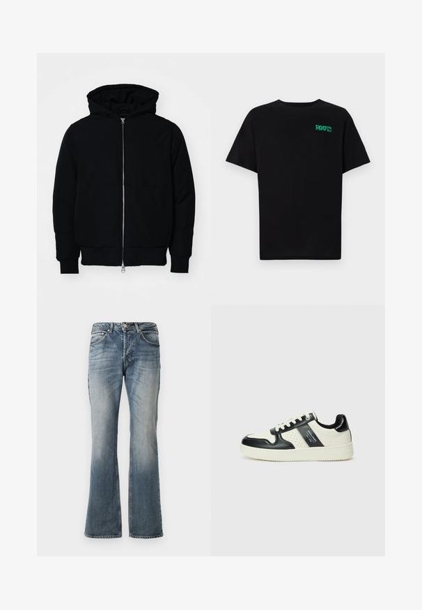 Črna kapuca jakna s sprednjim zadrgo, kenguru žepom, rebrastimi manšetami in hemom, razstavljena na enostavni beli ozadju.; Črna majica iz bombaža z kratkimi rokavi. Na sprednji strani ima zeleno logotip "ROOTS", okroglo ovratnico in standardno prileganje.; Modre izbledele kavbojke z rahlim razširjenjem noge, petimi žepi in gumbnim zapiranjem v pasu.; Usnjeni športni čevlji z črno in krem barvno shemo, ki vključujejo perforirane dodatke, podložen ovratnik in strukturirano podplat.