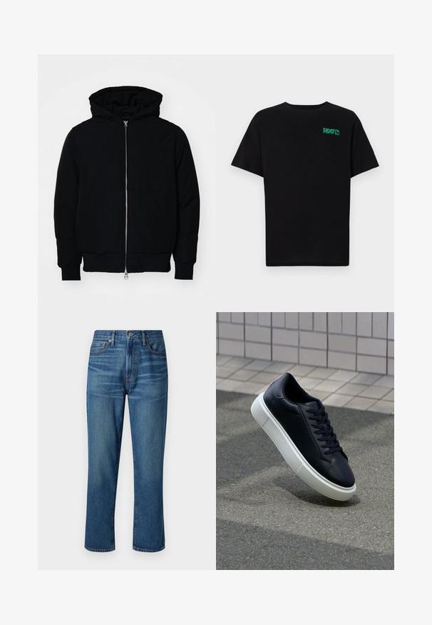 Veste à capuche noire avec fermeture éclair sur le devant, poche kangourou, poignets et ourlet côtelés, présentée sur un fond blanc uni.; T-shirt noir en coton à manches courtes. Présente un logo "ROOTS" vert sur le devant, un col rond et une coupe standard.; Jeans en denim bleu foncé avec une coupe droite, comportant cinq poches et des accessoires en métal. Le tissu a une légère texture passée.; Baskets noires en cuir avec bout arrondi et semelle en caoutchouc blanc. Elles présentent des lacets plats et une couture minimale sur la tige. Semelle texturée pour une bonne adhérence.