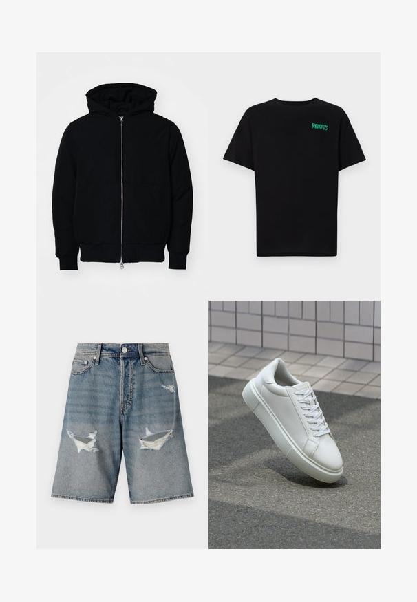 Černá kapucňová bunda s předním zipem, klokaní kapsou, vroubkovanými manžetami a spodním lemem, vystavená na čistém bílém pozadí.; Černé tričko vyrobené z bavlny s krátkým rukávem. Na přední straně se nachází zelené logo "ROOTS", kulatý výstřih a standardní střih.; Džínové šortky světle modré barvy s poškozenými místy a třepícími se okraji. Obsahují klasické kapsy a zapínání na knoflík v pase.; Bílé kožené tenisky s hladkým povrchem, kulatou špičkou a plochými bílými tkaničkami. Disponují texturovanou gumovou podrážkou a minimálními designovými prvky.