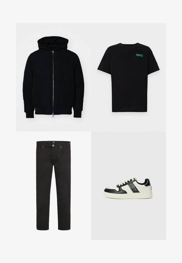 Čierna kapucňová bunda s predným zipsom, klokaními vreckami, rebrovanými manžetami a lemom, zobrazená na bielom pozadí.; Čierne tričko s krátkymi rukávmi vyrobené z bavlny. Na prednej strane má zelené logo "ROOTS", okrúhly výstrih a štandardný strih.; Čierne džínsy s rovným strihom, s gombíkom a zipsom, predné a zadné vrecká a pútka na opasok, značka Lee.; Kožené tenisky v čierno-krémovej farbe, s perforovanými akcentmi, polstrovaným golierom a štruktúrovanou podrážkou.