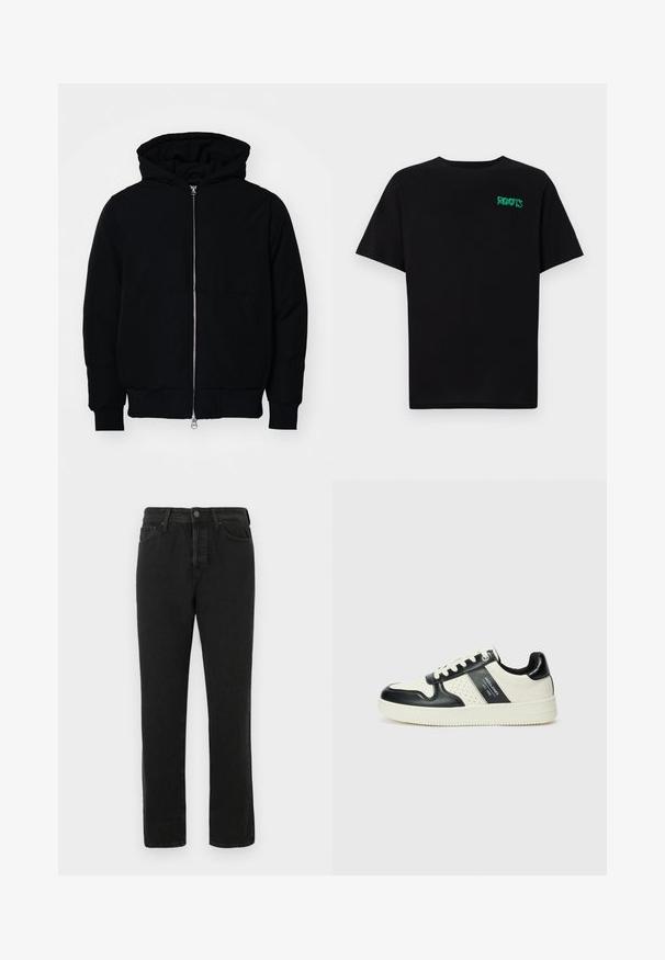 Čierna kapucňová bunda s predným zipsom, klokaními vreckami, rebrovanými manžetami a lemom, zobrazená na bielom pozadí.; Čierne tričko s krátkymi rukávmi vyrobené z bavlny. Na prednej strane má zelené logo "ROOTS", okrúhly výstrih a štandardný strih.; Čierne džíny rovného strihu s predným zapínaním na gombík a zips, pútka na opasok a dizajn s piatimi vreckami, zobrazené na bielom pozadí.; Kožené tenisky v čierno-krémovej farbe, s perforovanými akcentmi, polstrovaným golierom a štruktúrovanou podrážkou.