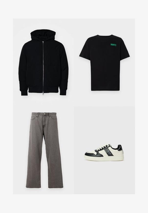 Melna kapucēta jaka ar priekšējo rāvējslēdzēju, kenguru kabatu, ribinātām aprocēm un apakšmalu, parādīta uz vienkārša balta fona.; Melna kokvilnas t-kreka ar īsām piedurknēm. Uz priekšu ir zaļa "ROOTS" logo, apaļa kakla izgriezums un standarta piegriezums.; Pelēki taisnā piegriezuma džinsi ar priekšējo pogu, rāvējslēdzēju un piecu kabatu dizainu uz balta fona.; Ādas sporta apavi ar melnbaltu krāsu shēmu, ar perforētiem akcentiem, mīkstinātu apkakli un teksturētu zoli.