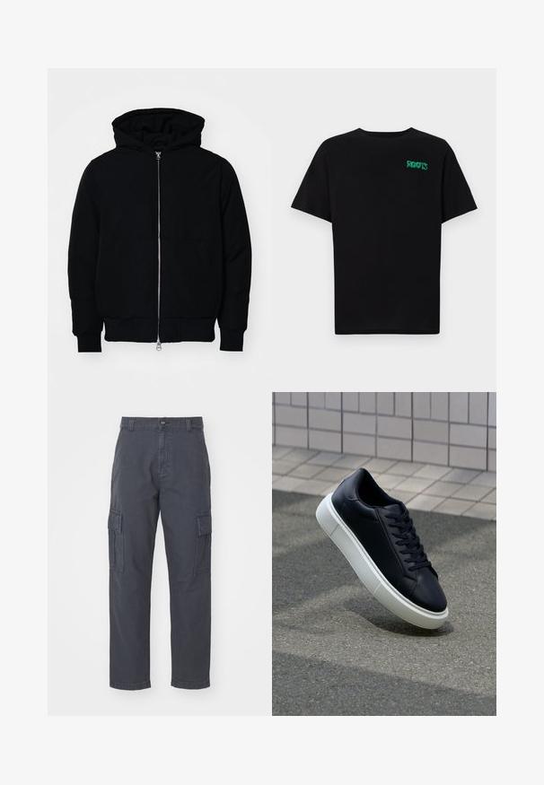 Črna kapuca jakna s sprednjim zadrgo, kenguru žepom, rebrastimi manšetami in hemom, razstavljena na enostavni beli ozadju.; Črna majica iz bombaža z kratkimi rokavi. Na sprednji strani ima zeleno logotip "ROOTS", okroglo ovratnico in standardno prileganje.; Temno sivi cargo hlače iz bombaža, z dvema stranskima žepoma, ravnim krojem in gumbom za zapiranje v pasu.; Črne usnjene superge z zaobljenim prstom in belim gumijastim podplat. Imajo ravne vezalke in minimalno šivanje na zgornjem delu. Teksturirani podplat za oprijem.