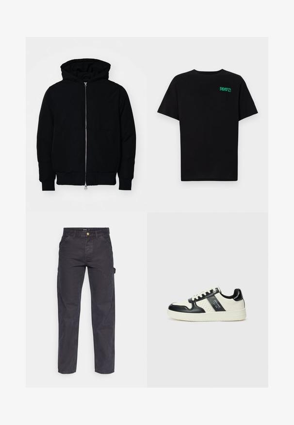 Mustat huppu-untuvatakki, jossa on vetoketju edessä, kenguru-tasku, ribatut hihansuut ja helma, esillä yksinkertaisella valkoisella taustalla.; Mustat t-paidat, jotka on valmistettu puuvillasta ja joissa on lyhyet hihat. Edessä vihreä "ROOTS"-logo, pyöreä kaula-aukko ja normaali istuvuus.; Tummanharmaat cargo-housut, jotka on valmistettu kestävästä kankaasta. Niissä on suora lahkeellinen leikkaus, viisi taskua ja nappikiinnitys vyötäröllä.; Nahkakengät musta-kerma värimaailmassa, joissa on rei'itetyt yksityiskohdat, pehmustettu nilkkaosa ja teksturoitu pohja.