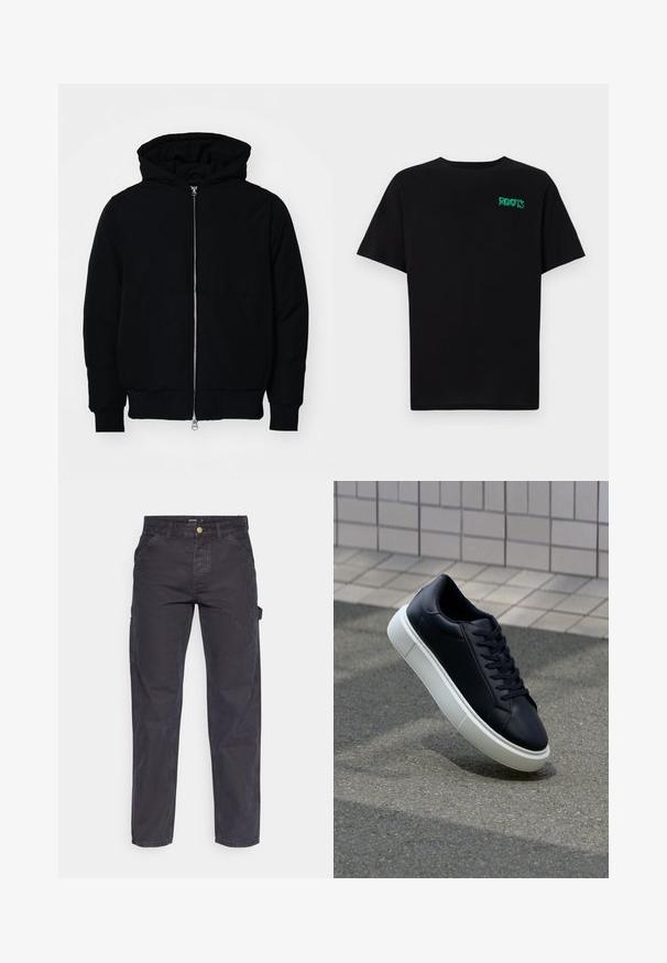 Juodas gobtuvėlis su priekiniu užtrauktuku, kengūros tipo kišene, lygiais rankogaliais ir apvadu, pateiktas ant vientiso balto fono.; Juodas medvilninis marškinėliai trumpomis rankovėmis. Priekyje yra žalias „ROOTS“ logotipas, apvalus iškirpimas ir standartinė prigludimo forma.; Tamsiai pilkos krovininės kelnės, pagamintos iš patvarios medžiagos, su tiesaus kirpimo, penkiomis kišenėmis ir mygtukiniu užtrauktuku liemens srityje.; Juodas odinis sportbačius su apvaliu pirštu ir baltu gumuotu padu. Turi plokščias raišteles ir minimalų siuvimą viršuje. Padangos tekstūra užtikrina sukibimą.