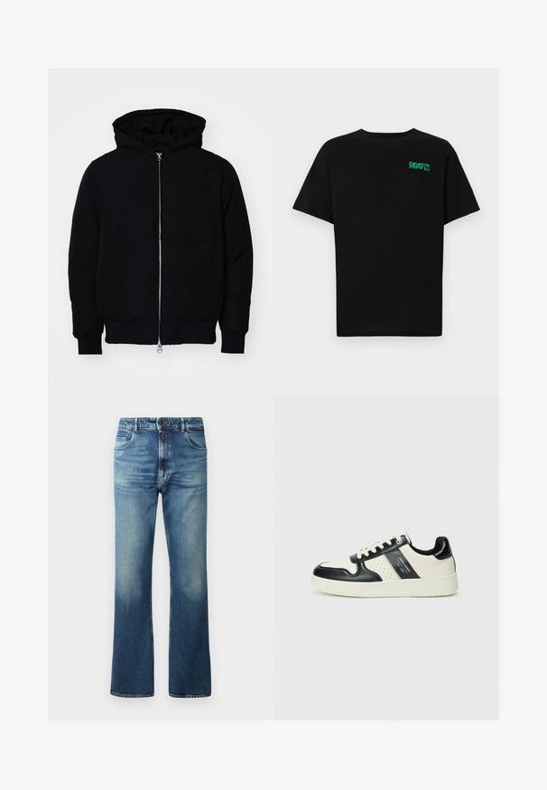 Jachetă neagră cu glugă, cu fermoar în față, buzunar tip kangaroo, mansete și tiv ribbed, prezentată pe un fundal alb simplu.; Tricou negru din bumbac, cu mâneci scurte. Prezintă un logo verde "ROOTS" pe față, guler rotund și o potrivire standard.; Jeans din denim albastru cu un design cu picior flared, având un spălare decolorată, cinci buzunare și închidere cu buton.; Tenisi din piele cu un scheme de culori negru și crem, dotati cu accente perforate, guler căptușit și o talpă texturată.