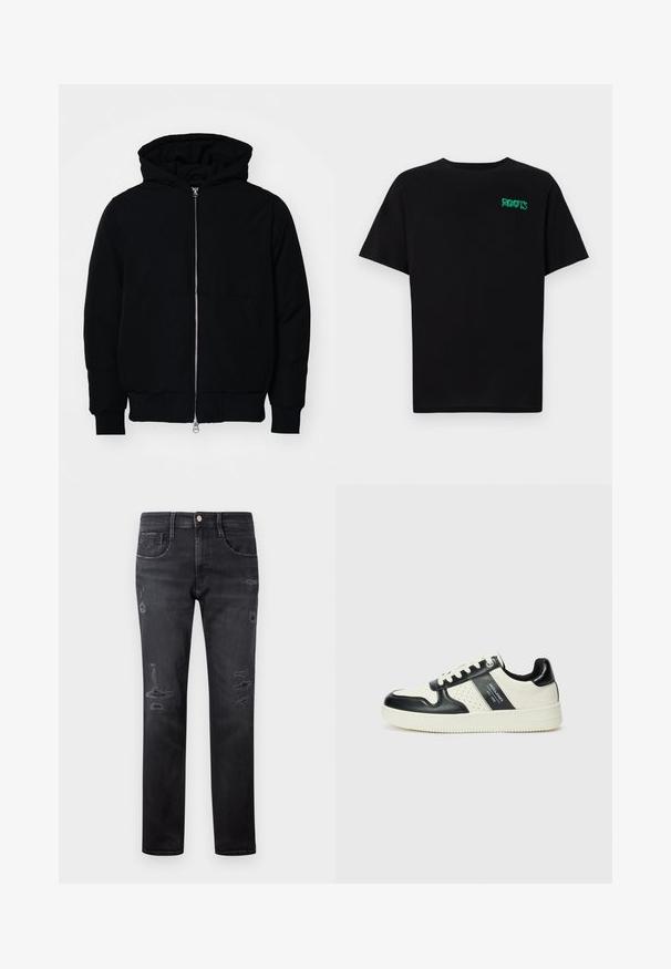 Črna kapuca jakna s sprednjim zadrgo, kenguru žepom, rebrastimi manšetami in hemom, razstavljena na enostavni beli ozadju.; Črna majica iz bombaža z kratkimi rokavi. Na sprednji strani ima zeleno logotip "ROOTS", okroglo ovratnico in standardno prileganje.; Črni jeans s ravnim krojem, ki vključujejo poškodovane aplikacije, pet žepov, majhen kovinski gumb in zavihke za pas na pasu.; Usnjeni športni čevlji z črno in krem barvno shemo, ki vključujejo perforirane dodatke, podložen ovratnik in strukturirano podplat.