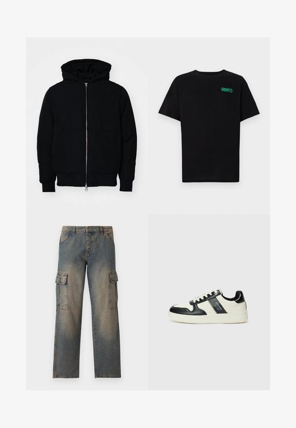 Black hooded jacket with front zipper, kangaroo pocket, ribbed cuffs, and hem, displayed on a plain white background.; Black t-shirt made of cotton with short sleeves. Features a green "ROOTS" logo on the front, round neckline, and standard fit.; Denim cargo pants featuring a faded blue color, loose fit, two large side pockets, stitched seams, and a classic waistband design.; Leather sneakers with a black and cream color scheme, featuring perforated accents, a padded collar, and a textured outsole.