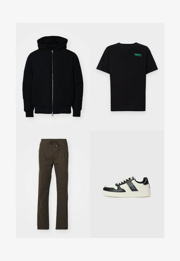 Jachetă neagră cu glugă, cu fermoar în față, buzunar tip kangaroo, mansete și tiv ribbed, prezentată pe un fundal alb simplu.; Tricou negru din bumbac, cu mâneci scurte. Prezintă un logo verde "ROOTS" pe față, guler rotund și o potrivire standard.; Pantaloni maro cu snur, realizați dintr-un material moale, având buzunare laterale și o croială lejeră, cu tivuri răsucite la margine.; Tenisi din piele cu un scheme de culori negru și crem, dotati cu accente perforate, guler căptușit și o talpă texturată.