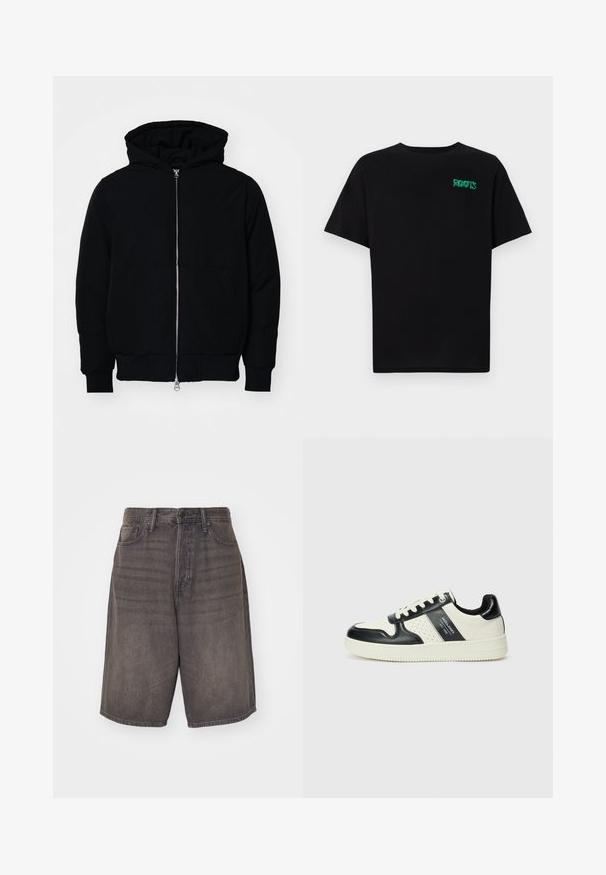 Giacca nera con cappuccio, dotata di zip frontale, tasca a marsupio, polsini e orlo a coste, esposta su uno sfondo bianco semplice.; T-shirt nera in cotone con maniche corte. Presenta un logo verde "ROOTS" sulla parte frontale, colletto rotondo e vestibilità standard.; Jack & Jones JJIRON JJORIGINAL - Shorts di jeans - black denim; Sneakers in pelle con una combinazione di colori nero e crema, dotati di dettagli perforati, collare imbottito e suola testurizzata.
