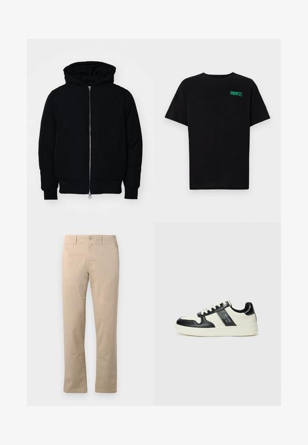 Czarna kurtka z kapturem, z suwakiem z przodu, kieszenią kangurką, ściągaczami przy mankietach i dolnym brzegu, prezentowana na jednolitym białym tle.; Czarna koszulka z bawełny z krótkim rękawem. Posiada zielone logo "ROOTS" z przodu, okrągły dekolt i standardowy krój.; Beżowe chinosy wykonane z bawełny, z prostymi nogawkami, tradycyjnym zapięciem na guziki oraz bocznymi kieszeniami z estetycznym wykończeniem.; Skórzane sneakersy w czarno-kremowym schemacie kolorystycznym, z perforowanymi akcentami, wyściełanym kołnierzem i teksturowaną podeszwą.
