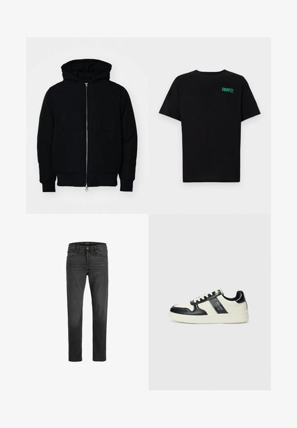 Mustaga kapuutsiga jakk, millel on esineed, kenguru tasku, soonikkoes, ja alläär, esitatud lihtsal valgel taustal.; Must t-särk, mis on valmistatud puuvillast, lühikeste varrukatega. Esipaneelil on roheline "ROOTS" logo, ümmargune kaelus ja tavapärane lõige.; Mustad denim teksad, sirge lõikega, viie taskuga disain ja tõmblukk. Omab peent pleekimist ja kontrastset õmblust.; Nahatud nahkkingad musta ja kreemi värviskeemiga, millel on perforeeritud aktsendid, pehme krae ja tekstureeritud tallad.