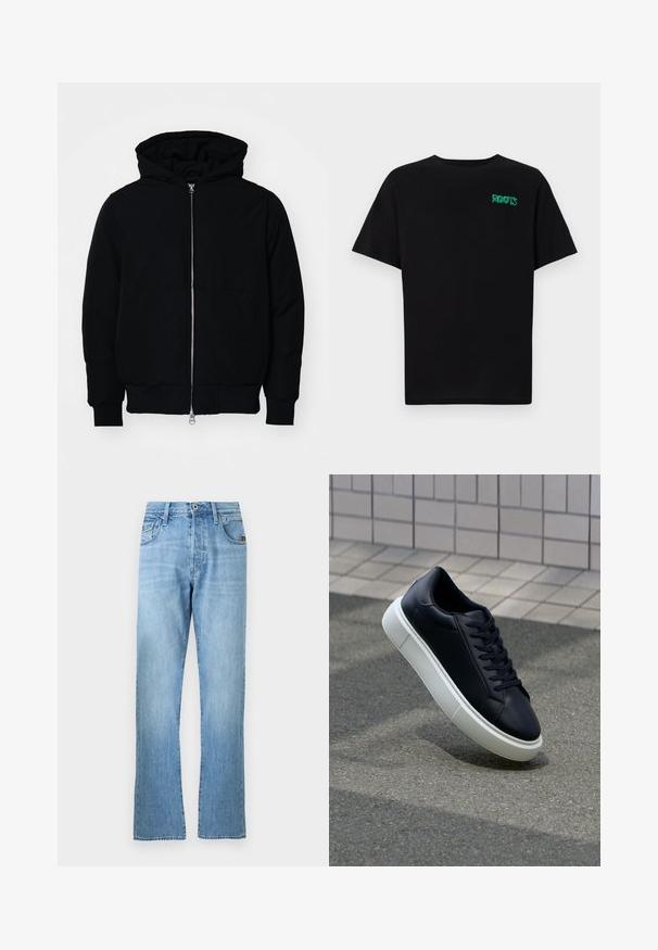 Crna kapuška jakna s prednjim zatvaračem, kenguru džepom, rebrastim manžetama i rubom, prikazana na običnoj bijeloj pozadini.; Crna majica kratkih rukava od pamuka. Na prednjem dijelu se nalazi zeleni "ROOTS" logo, okrugli izrez i standardni kroj.; Svijetloplavi traperice s ravnim krojem, s klasičnim dizajnom s pet džepova, suptilnim izblijeđenjem i kontrastnim šavovima.; Crne kožne tenisice s zaobljenim vrhom i bijelim gumiranim potplatom. Imaju ravne vezice i minimalno šivanje na gornjem dijelu. Teksturirani potplat za bolje prianjanje.