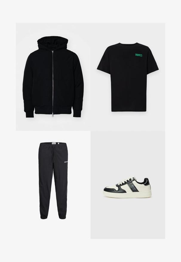 Giacca nera con cappuccio, dotata di zip frontale, tasca a marsupio, polsini e orlo a coste, esposta su uno sfondo bianco semplice.; T-shirt nera in cotone con maniche corte. Presenta un logo verde "ROOTS" sulla parte frontale, colletto rotondo e vestibilità standard.; Pantaloni sportivi neri con cintura elasticizzata, cordoncino e caviglie a sbuffo. Presentano un logo sul davanti e strisce laterali a contrasto.; Sneakers in pelle con una combinazione di colori nero e crema, dotati di dettagli perforati, collare imbottito e suola testurizzata.