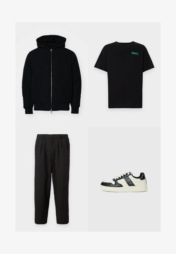 Melna kapucēta jaka ar priekšējo rāvējslēdzēju, kenguru kabatu, ribinātām aprocēm un apakšmalu, parādīta uz vienkārša balta fona.; Melna kokvilnas t-kreka ar īsām piedurknēm. Uz priekšu ir zaļa "ROOTS" logo, apaļa kakla izgriezums un standarta piegriezums.; Redefined Rebel NEIL PANTS CROPPED COMFORT - Auduma bikses - black; Ādas sporta apavi ar melnbaltu krāsu shēmu, ar perforētiem akcentiem, mīkstinātu apkakli un teksturētu zoli.