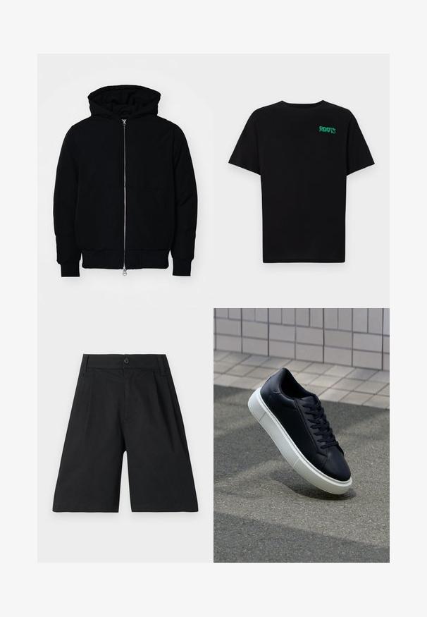 Veste à capuche noire avec fermeture éclair sur le devant, poche kangourou, poignets et ourlet côtelés, présentée sur un fond blanc uni.; T-shirt noir en coton à manches courtes. Présente un logo "ROOTS" vert sur le devant, un col rond et une coupe standard.; Shorts noirs en coton, avec une coupe droite, des plis, une fermeture à bouton et une texture lisse. Pas de motifs ni d'accents visibles.; Baskets noires en cuir avec bout arrondi et semelle en caoutchouc blanc. Elles présentent des lacets plats et une couture minimale sur la tige. Semelle texturée pour une bonne adhérence.