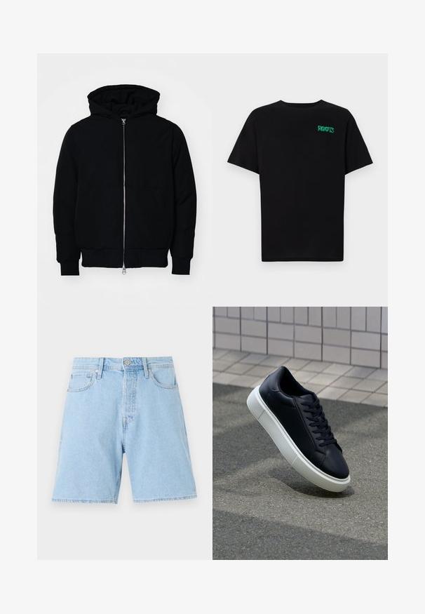 Black hooded jacket with front zipper, kangaroo pocket, ribbed cuffs, and hem, displayed on a plain white background.; Black t-shirt made of cotton with short sleeves. Features a green "ROOTS" logo on the front, round neckline, and standard fit.; Light blue denim shorts with a classic cut, five pockets, button closure, and stitched hem. Durable fabric with a smooth texture.; Black leather sneaker with rounded toe and white rubber sole. Features flat laces and minimal stitching on the upper. Textured sole for grip.