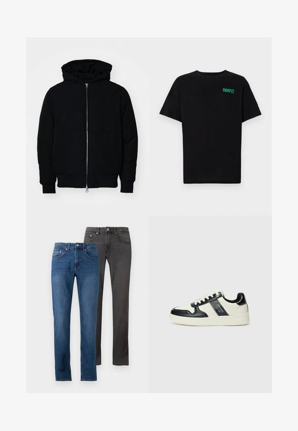 Mustat huppu-untuvatakki, jossa on vetoketju edessä, kenguru-tasku, ribatut hihansuut ja helma, esillä yksinkertaisella valkoisella taustalla.; Mustat t-paidat, jotka on valmistettu puuvillasta ja joissa on lyhyet hihat. Edessä vihreä "ROOTS"-logo, pyöreä kaula-aukko ja normaali istuvuus.; Kaksi paria farkkuja: toinen keskisinisessä, haalistuneella pinnalla, ja toinen tummanharmaana, sileällä tekstuurilla. Molemmissa on suora malli ja viisi taskua.; Nahkakengät musta-kerma värimaailmassa, joissa on rei'itetyt yksityiskohdat, pehmustettu nilkkaosa ja teksturoitu pohja.