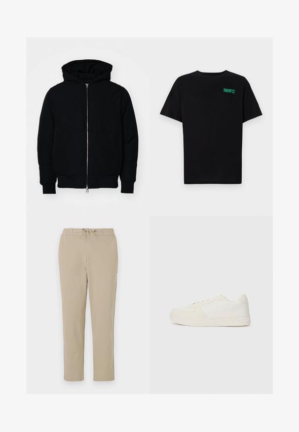Svart hettejakke med frontglidelås, kengurulomme, ribbestrikket mansjetter og søm, vist på en ensfarget hvit bakgrunn.; svart t-skjorte laget av bomull med korte ermer. Har et grønt "ROOTS"-logo på forsiden, rund halsutringning og standard passform.; Beige loungebukser med elastisk linning og snor, med tilbakeholdt design av rett ben og myk, glatt tekstur.; Hvit sneakers med en glatt læroverdel og suedeforsterkninger. Har en perforert tå, flate lisser og en gummisåle med teksturert detaljering.