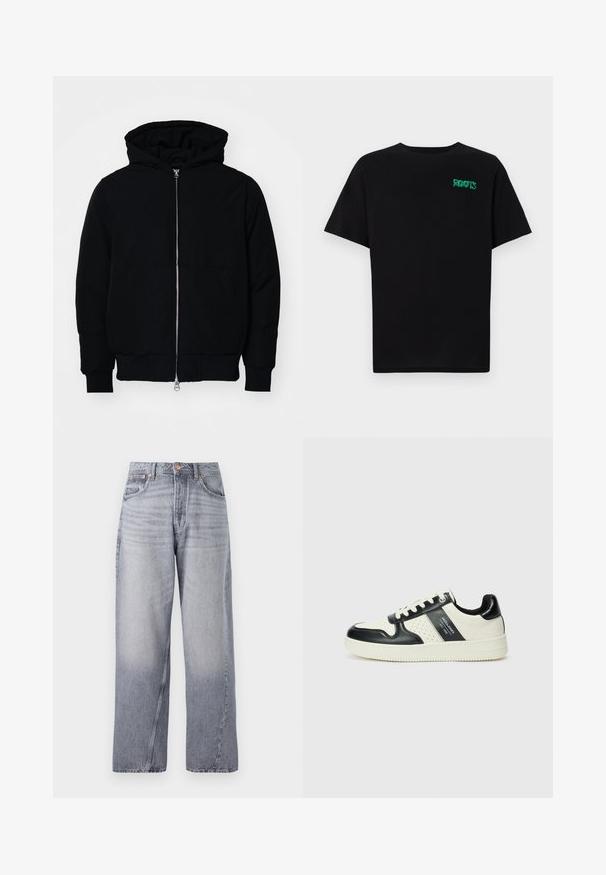 Juodas gobtuvėlis su priekiniu užtrauktuku, kengūros tipo kišene, lygiais rankogaliais ir apvadu, pateiktas ant vientiso balto fono.; Juodas medvilninis marškinėliai trumpomis rankovėmis. Priekyje yra žalias „ROOTS“ logotipas, apvalus iškirpimas ir standartinė prigludimo forma.; Šviesiai mėlyni, plačių kojų džinsai su pablukusiu apdailu, penkių kišenių dizainu ir matoma siuvinėjimu. Yra varinės mygtuko ir užtrauktuko uždarymas.; Odiniai sportbačiai juodos ir kreminės spalvų schemoje, su perforuotais akcentais, paminkštinta apykakle ir tekstūruotu padu.