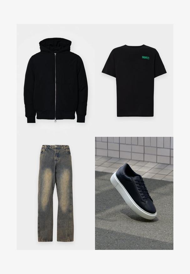 Črna kapuca jakna s sprednjim zadrgo, kenguru žepom, rebrastimi manšetami in hemom, razstavljena na enostavni beli ozadju.; Črna majica iz bombaža z kratkimi rokavi. Na sprednji strani ima zeleno logotip "ROOTS", okroglo ovratnico in standardno prileganje.; Svetlo modri kavbojski hlače z ohlapnim krojem, ravnimi nogami, zbledelimi območji in klasičnim gumbom za zapiranje pri pasu.; Črne usnjene superge z zaobljenim prstom in belim gumijastim podplat. Imajo ravne vezalke in minimalno šivanje na zgornjem delu. Teksturirani podplat za oprijem.