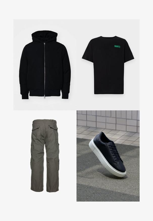 Black hooded jacket with front zipper, kangaroo pocket, ribbed cuffs, and hem, displayed on a plain white background.; Black t-shirt made of cotton with short sleeves. Features a green "ROOTS" logo on the front, round neckline, and standard fit.; Cargo pants in olive green, featuring multiple side pockets, a relaxed fit, and adjustable cuffs for a secure fit. Durable cotton fabric.; Black leather sneaker with rounded toe and white rubber sole. Features flat laces and minimal stitching on the upper. Textured sole for grip.