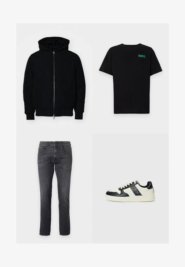 Czarna kurtka z kapturem, z suwakiem z przodu, kieszenią kangurką, ściągaczami przy mankietach i dolnym brzegu, prezentowana na jednolitym białym tle.; Czarna koszulka z bawełny z krótkim rękawem. Posiada zielone logo "ROOTS" z przodu, okrągły dekolt i standardowy krój.; Ciemnoszare dżinsy wykonane z denimu, z klasycznym pięciopocketowym designem, prostym krojem i metalowym zapięciem na guzik w talii.; Skórzane sneakersy w czarno-kremowym schemacie kolorystycznym, z perforowanymi akcentami, wyściełanym kołnierzem i teksturowaną podeszwą.