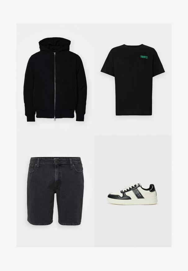 Juodas gobtuvėlis su priekiniu užtrauktuku, kengūros tipo kišene, lygiais rankogaliais ir apvadu, pateiktas ant vientiso balto fono.; Juodas medvilninis marškinėliai trumpomis rankovėmis. Priekyje yra žalias „ROOTS“ logotipas, apvalus iškirpimas ir standartinė prigludimo forma.; Juodi džinsiniai šortai su klasikinio dizaino elementais, turintys priekinį mygtuko užsegimą, diržo kilpas ir penkių kišenių stilių. Šiek tiek nusidėvėjusi tekstūra.; Odiniai sportbačiai juodos ir kreminės spalvų schemoje, su perforuotais akcentais, paminkštinta apykakle ir tekstūruotu padu.