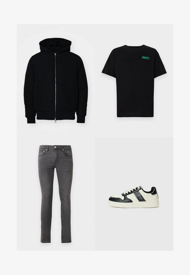 Černá kapucňová bunda s předním zipem, klokaní kapsou, vroubkovanými manžetami a spodním lemem, vystavená na čistém bílém pozadí.; Černé tričko vyrobené z bavlny s krátkým rukávem. Na přední straně se nachází zelené logo "ROOTS", kulatý výstřih a standardní střih.; Šedé džíny s úzkým střihem, které mají klasický design pěti kapes, přední zapínání na knoflík a jemné texturované detaily po celém povrchu.; Kožené tenisky s černobílou barevnou kombinací, které mají perforované detaily, polstrovaný límec a texturovanou podrážku.