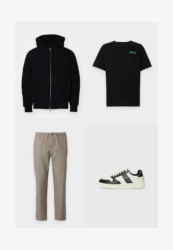Black hooded jacket with front zipper, kangaroo pocket, ribbed cuffs, and hem, displayed on a plain white background.; Black t-shirt made of cotton with short sleeves. Features a green "ROOTS" logo on the front, round neckline, and standard fit.; Beige trousers with an elastic waistband, drawstring closure, and a straight-leg cut. Material has a subtle texture.; Leather sneakers with a black and cream color scheme, featuring perforated accents, a padded collar, and a textured outsole.