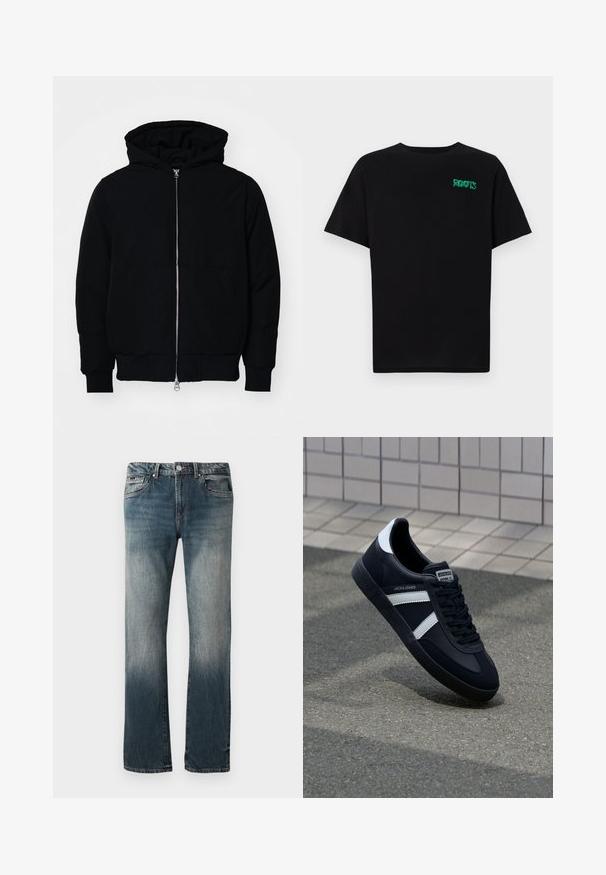 Mustaga kapuutsiga jakk, millel on esineed, kenguru tasku, soonikkoes, ja alläär, esitatud lihtsal valgel taustal.; Must t-särk, mis on valmistatud puuvillast, lühikeste varrukatega. Esipaneelil on roheline "ROOTS" logo, ümmargune kaelus ja tavapärane lõige.; Meeste sirged sinised denim teksad pleekinud pesuga ja viie tasku disainiga valge tausta ees.; Must have musta sneaker musta valgete triipudega, tekstuurne kummitald ja nööridega esiosa. Omab bränditud märki keele peal.