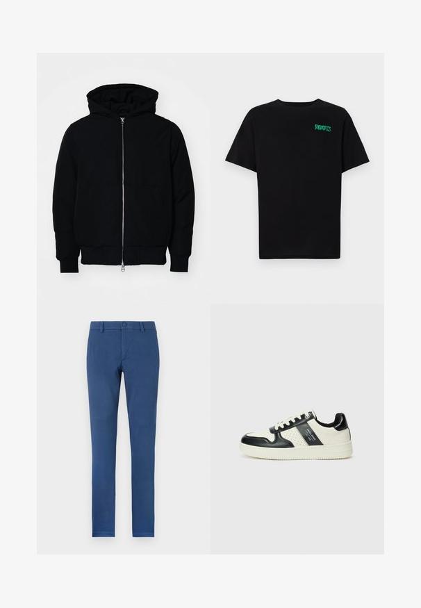 Black hooded jacket with front zipper, kangaroo pocket, ribbed cuffs, and hem, displayed on a plain white background.; Black t-shirt made of cotton with short sleeves. Features a green "ROOTS" logo on the front, round neckline, and standard fit.; Slim-fit blue cotton trousers featuring a flat front, belt loops, and a single button closure at the waist. Clean design with no visible patterns.; Leather sneakers with a black and cream color scheme, featuring perforated accents, a padded collar, and a textured outsole.